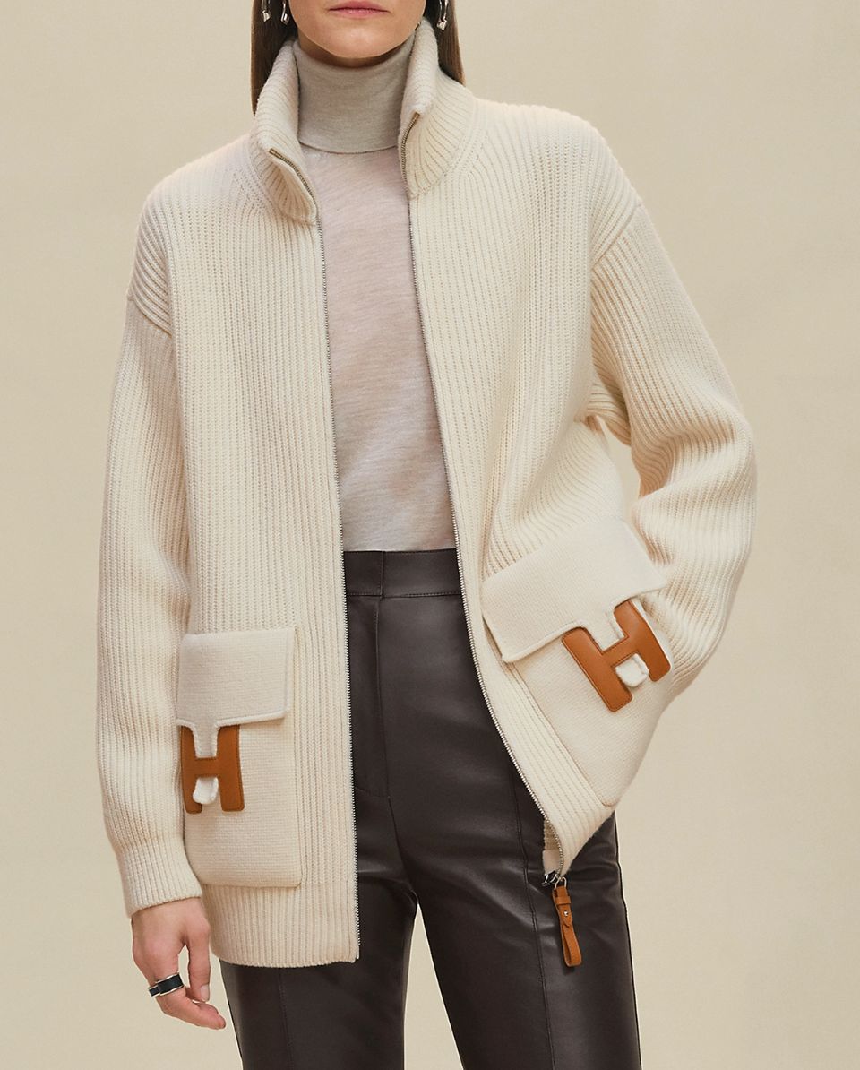 Hermes Knitted Jacket Size 44, Natural White Wool with Tan Leather Trim, New in Box WA001