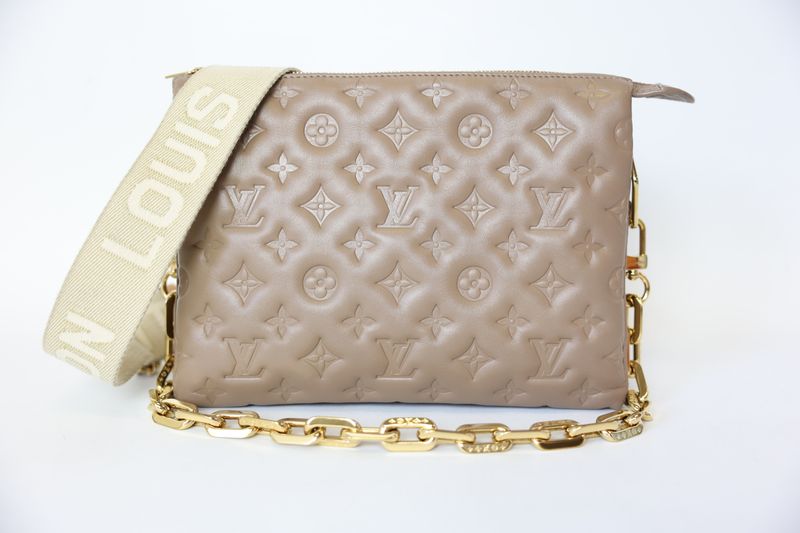 Louis Vuitton Coussin PM, Beige Monogram Embossed Lambskin with Gold Hardware, Preowned in Box WA001