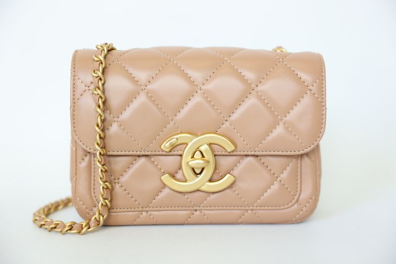 Chanel Flap Maxi CC Mini Bag, Beige Quilted Lambskin with Gold Hardware, New in Box WA001