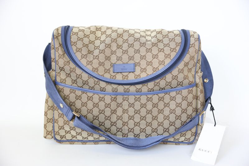 Gucci Diaper Bag, GG Supreme Canvas and Blue Leather with Silver Hardware, New in Dustbag WA001