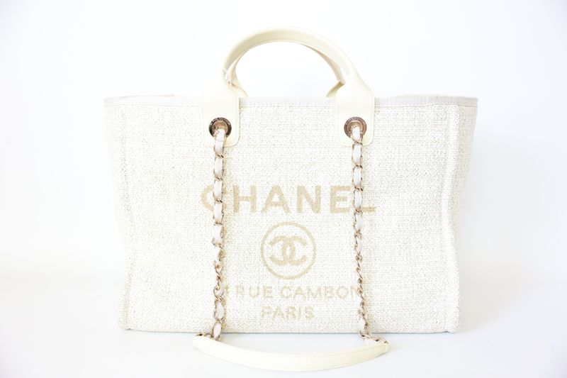 Chanel Deauville Tote Large, Light Beige Tweed with Gold Hardware, Preowned in Dustbag WA001