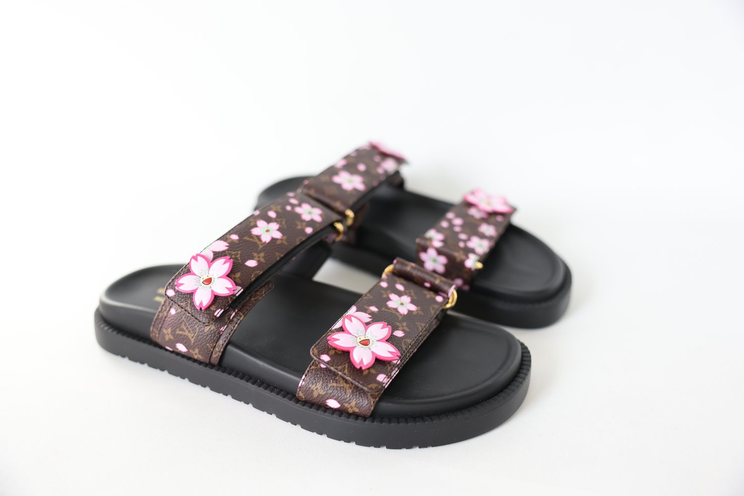 Louis Vuitton x TM LV Sunset Flat Comfort Mule, Monogram Canvas with Cherry Blossom and Gold Hardware, Size 39, New in Box WA001