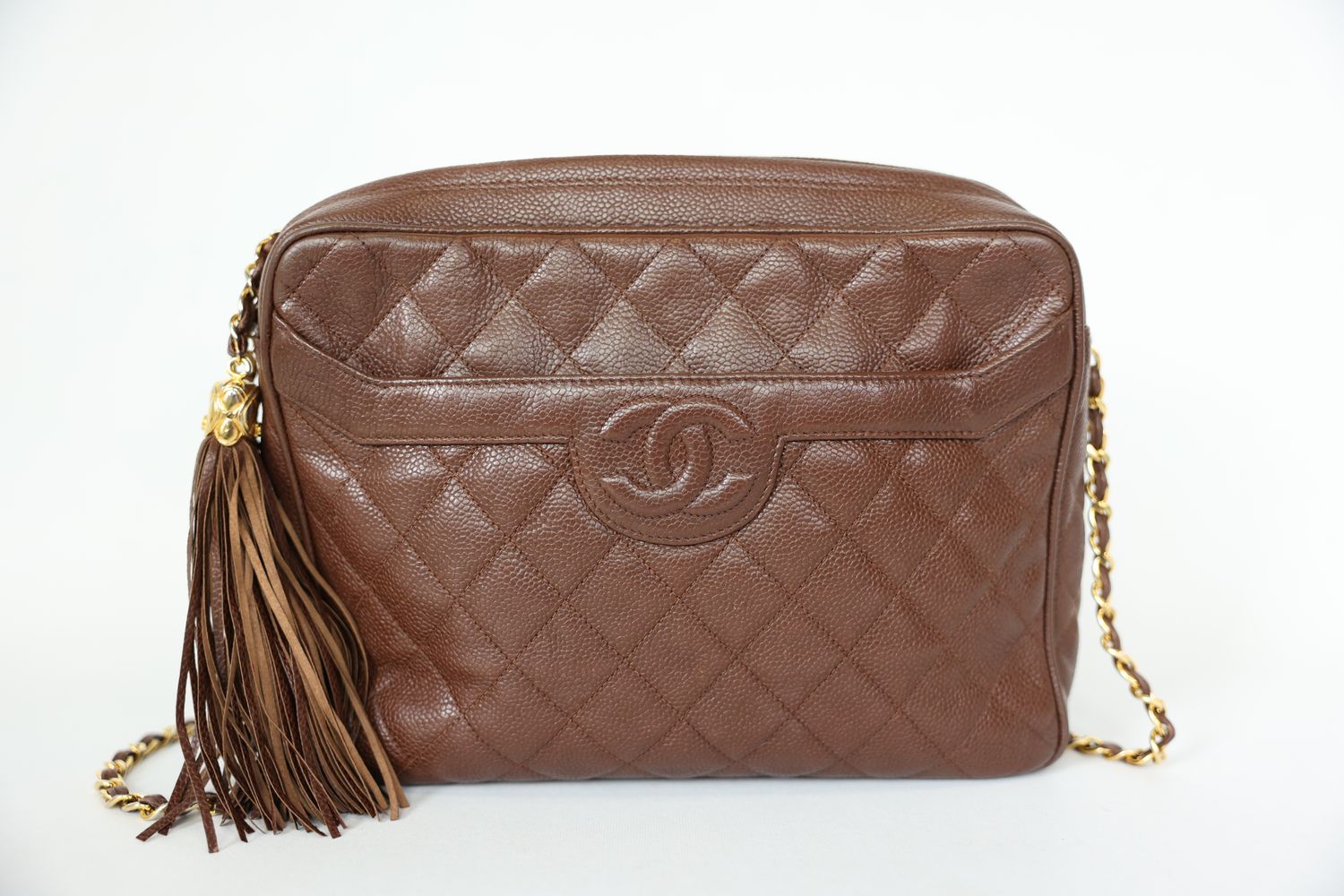Chanel Vintage Camera Bag with Tassel, Brown Quilted Caviar and Gold Hardware, Preowned No Dustbag WA001