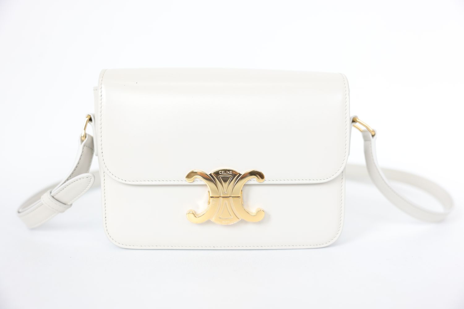 Celine Triomphe Teen Shoulder Bag, Grey Shiny Calfskin with Gold Hardware, Preowned in Dustbag WA001