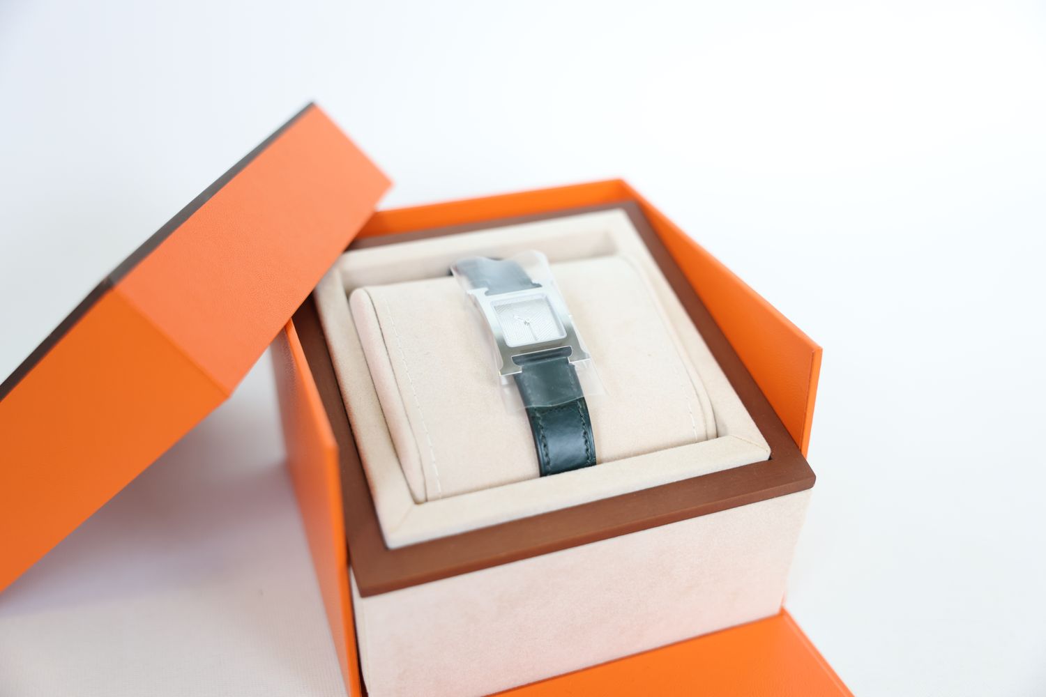 Hermes Heure H Watch Small Model, Vert Cypress Alligator and Steel, New in Box WA001