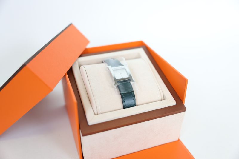 Hermes Heure H Watch Small Model, Vert Cypress Alligator and Steel, New in Box WA001