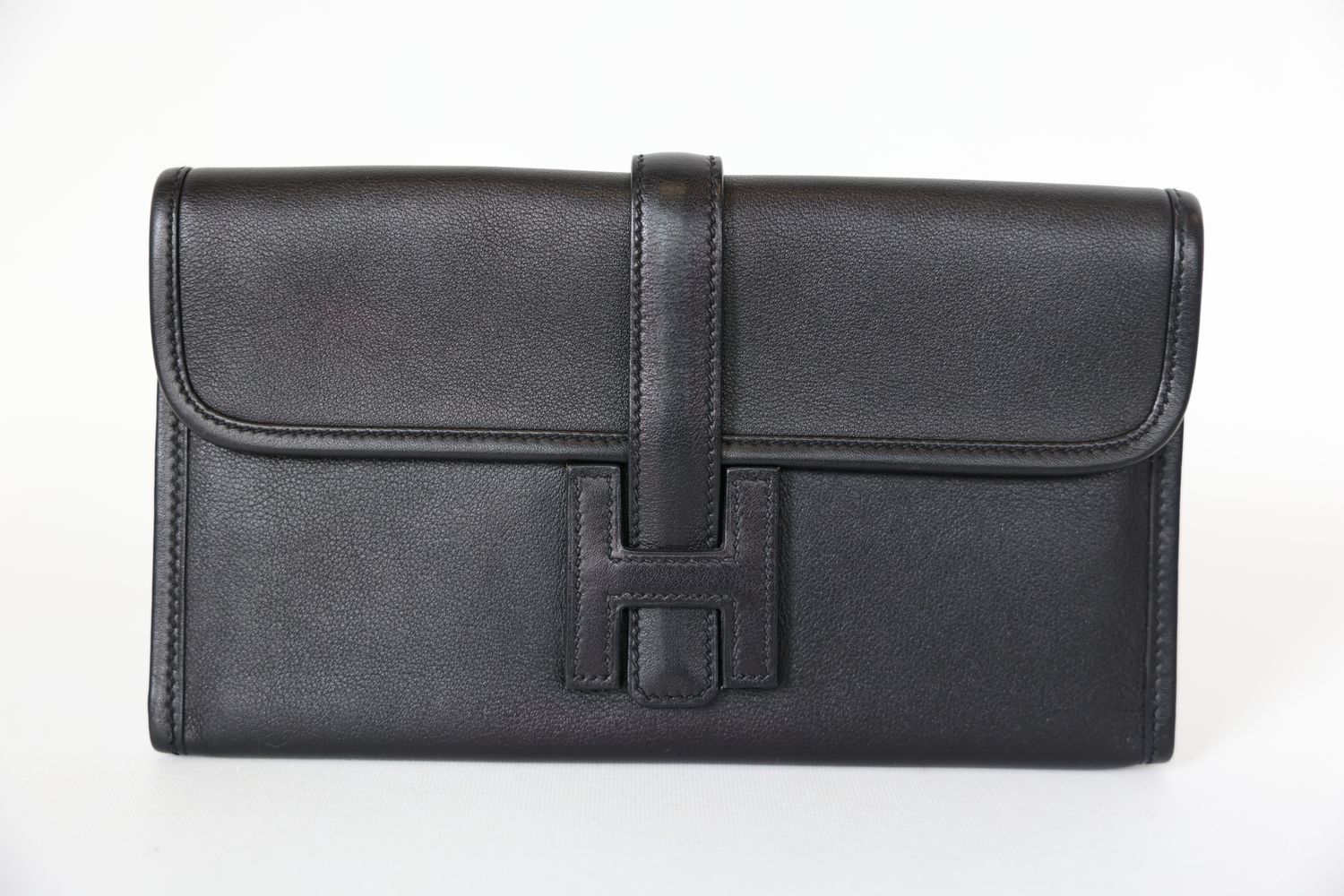 Hermes Jige Duo Clutch, Black Swift Leather with Palladium Hardware, P in Square 2012 Stamp, Preowned in Dustbag WA001