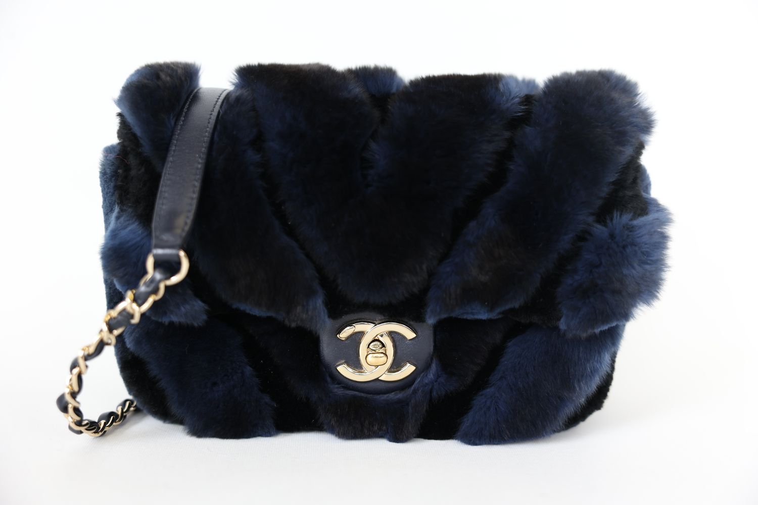 Chanel Flap Bag Small, Blue Orylag Rabbit Fur with Gold Hardware, Preowned in Box WA001