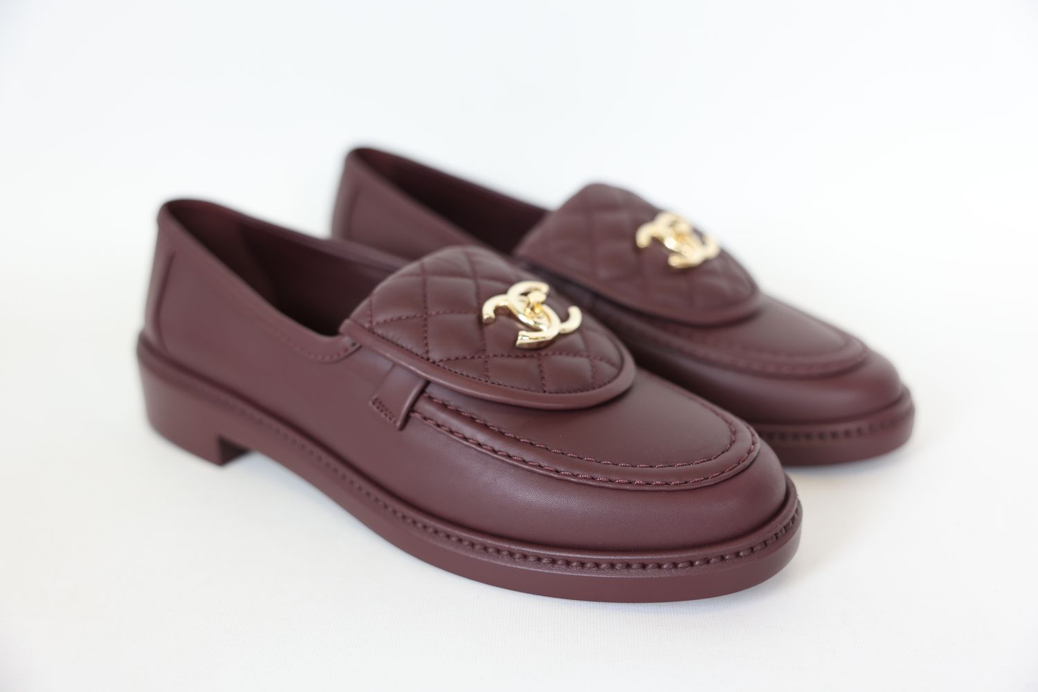 Chanel Turnlock Loafers, Burgundy Lambskin with Gold Hardware, Size 39, New in Box WA001