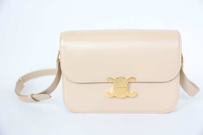 Celine Triomphe Medium Shoulder Bag, Beige Shiny Calfskin with Gold Hardware, New in Dustbag WA001
