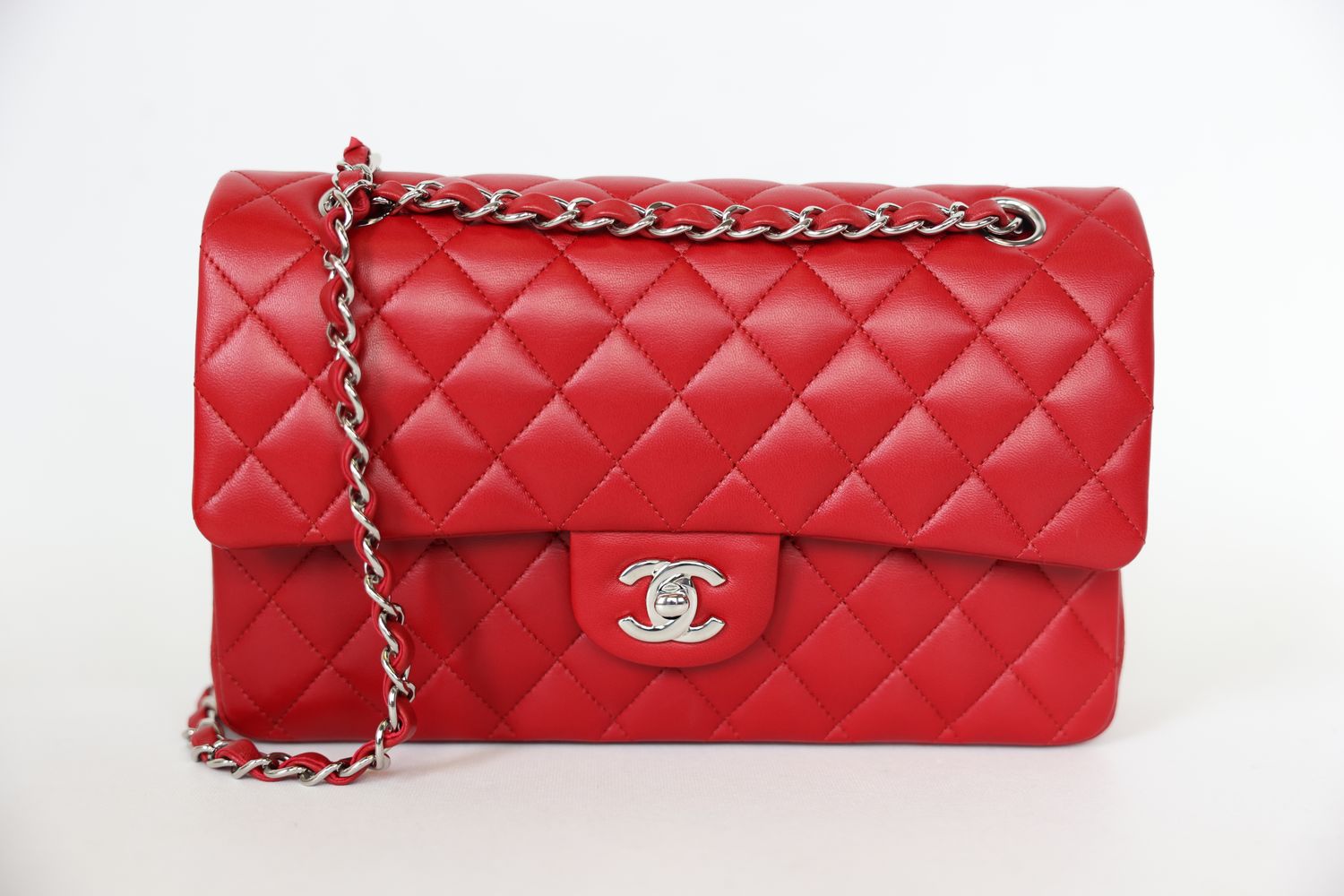 Chanel Classic Medium Bag, Red Quilted Lambskin with Silver Hardware, Preowned in Box WA001