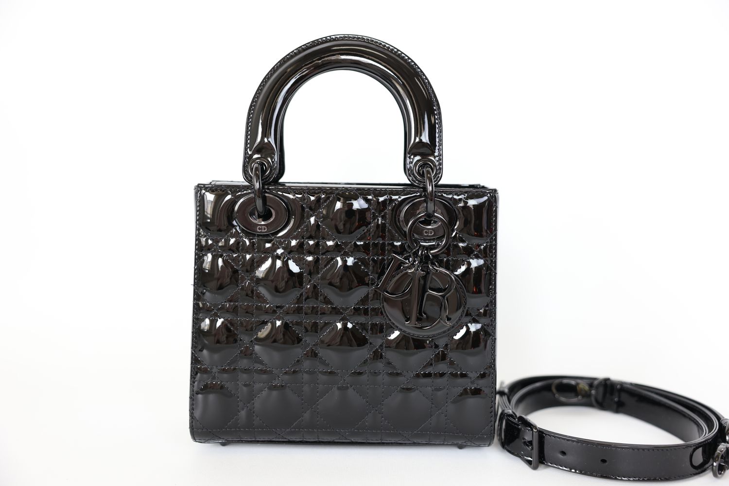 Christian Dior Lady Dior in Small, Black Cannage Patent Leather with Black Hardware, Preowned in Dustbag WA001