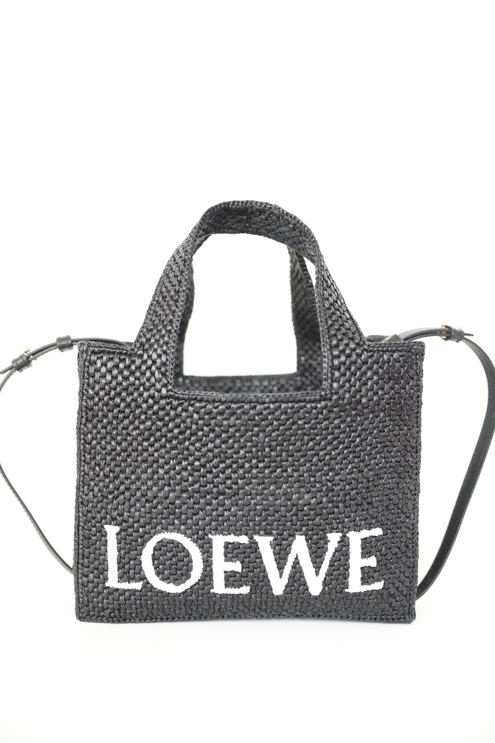 Loewe x Paula&#39;s Ibiza Font Small Tote, Black Raffia with Gold Hardware, Preowned in Dustbag WA001