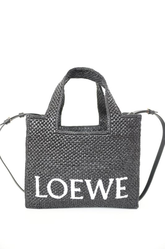 Loewe x Paula's Ibiza Font Small Tote, Black Raffia with Gold Hardware, Preowned in Dustbag WA001