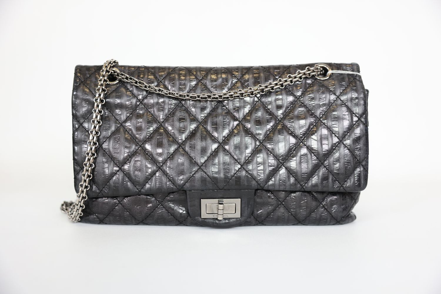 Chanel Reissue 2.55 227, Black Striped Leather with Shiny Ruthenium Hardware, Preowned in Dustbag WA001