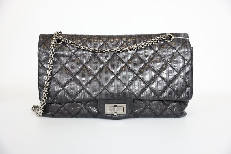 Chanel Reissue 2.55 227, Black Striped Leather with Shiny Ruthenium Hardware, Preowned in Dustbag WA001