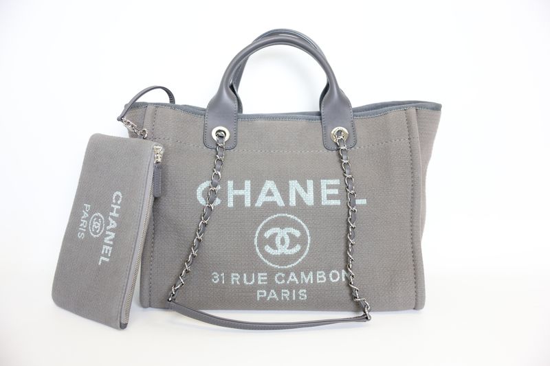 Chanel 22A Deauville Small Tote, Gray Canvas and Leather with Silver Hardware, Preowned in Dustbag WA001