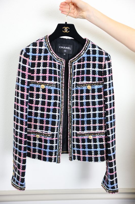 Chanel Jacket, Black with Multicolor Check Tweed and Gold Hardware, Size 38, New in Dustbag WA001