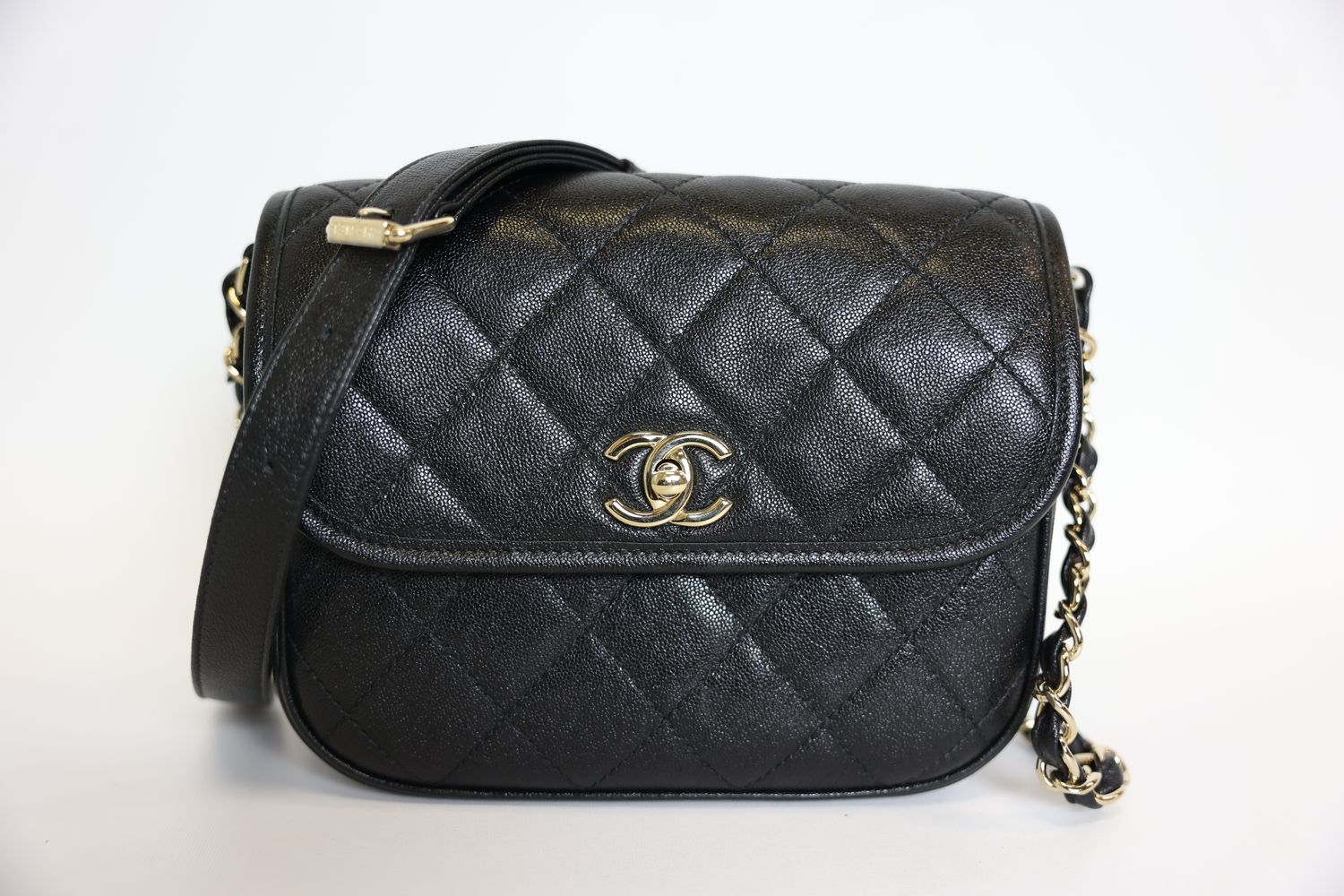 Chanel Messenger Small Bag, Black Quilted Caviar Leather with Gold Hardware, Preowned in Box WA001