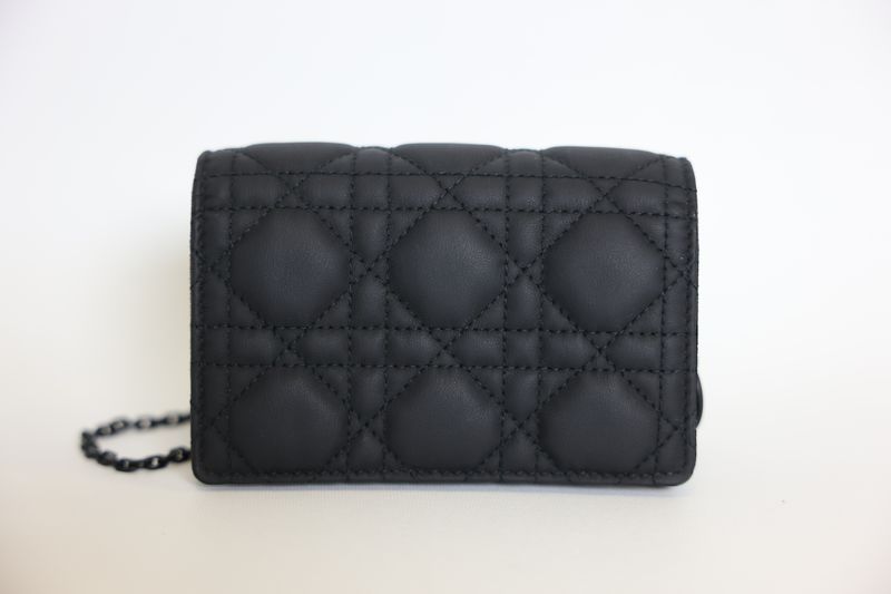 Christian Dior  Lady Dior Mini Pouch with Chain, Matte Black Cannage Leather with Black Hardware, Preowned in Box WA001