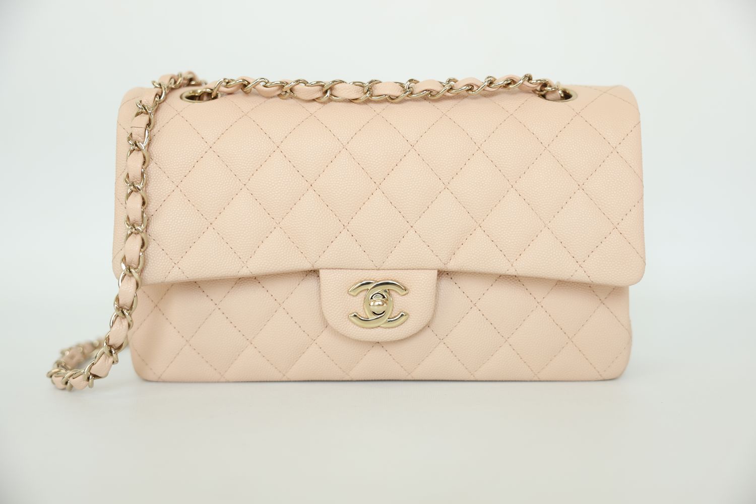 Chanel Classic Medium, 22C Light Beige Quilted Caviar with Gold Hardware, Preowned in Box WA001