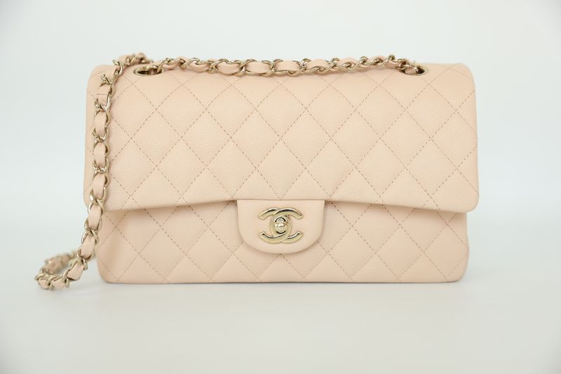 Chanel Classic Medium, 22C Light Beige Quilted Caviar with Gold Hardware, Preowned in Box WA001