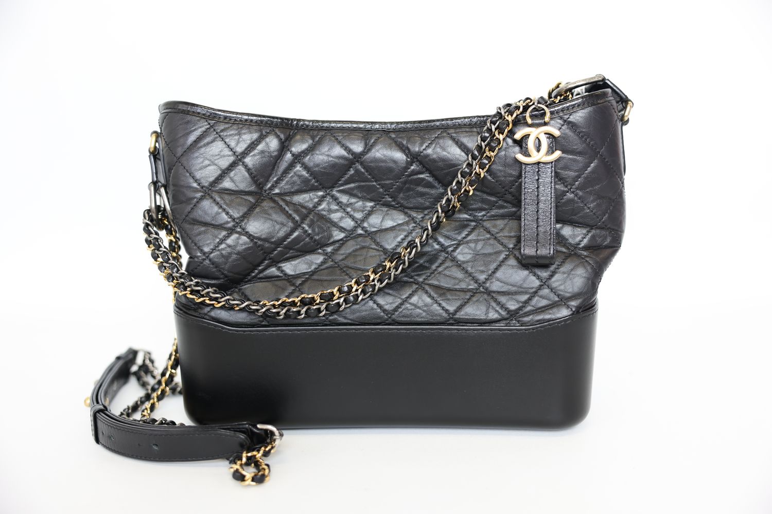 Chanel Gabrielle Hobo Medium Bag, Black Aged Calfskin and Mixed Hardware, Preowned in Box WA001