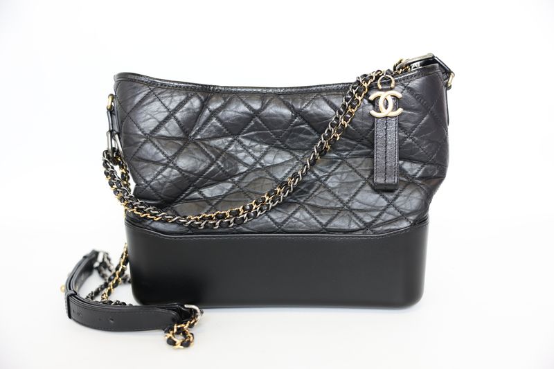 Chanel Gabrielle Hobo Medium Bag, Black Aged Calfskin and Mixed Hardware, Preowned in Box WA001
