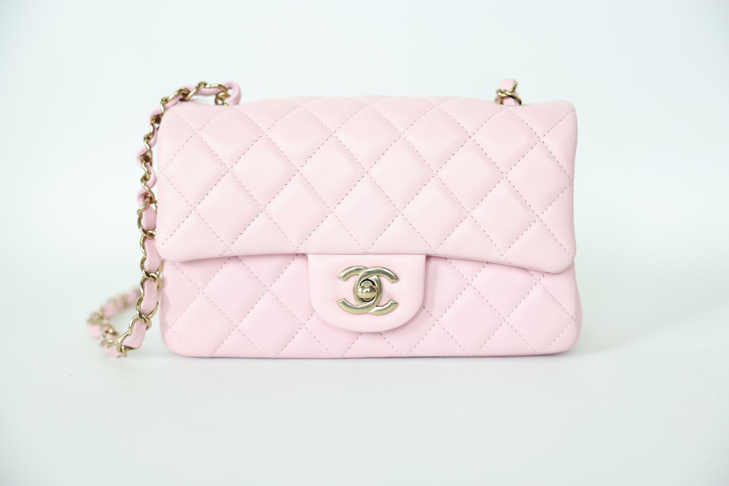 Chanel Classic Mini Rectangular Flap, Light Pink Quilted Lambskin and Gold Hardware, Preowned in Box WA001