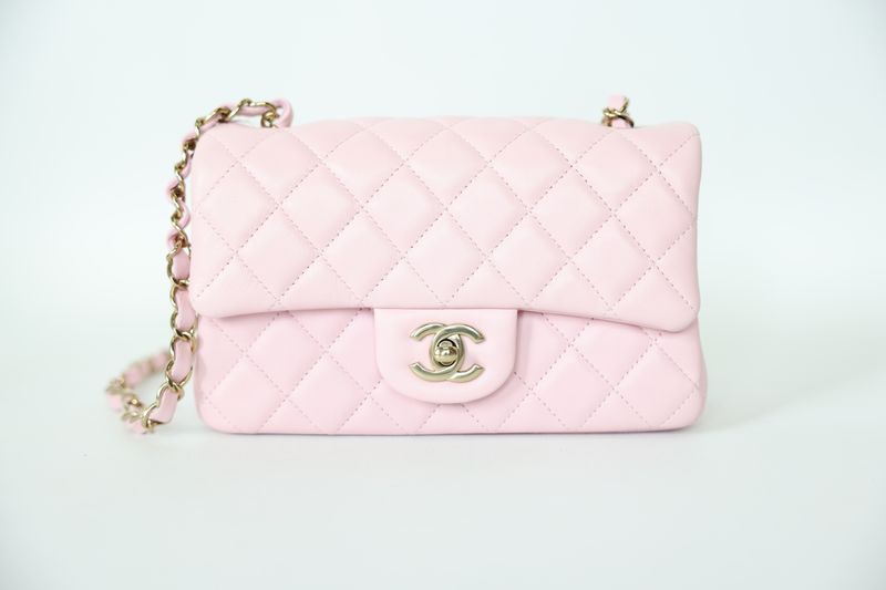 Chanel Classic Mini Rectangular Flap, Light Pink Quilted Lambskin and Gold Hardware, Preowned in Box WA001