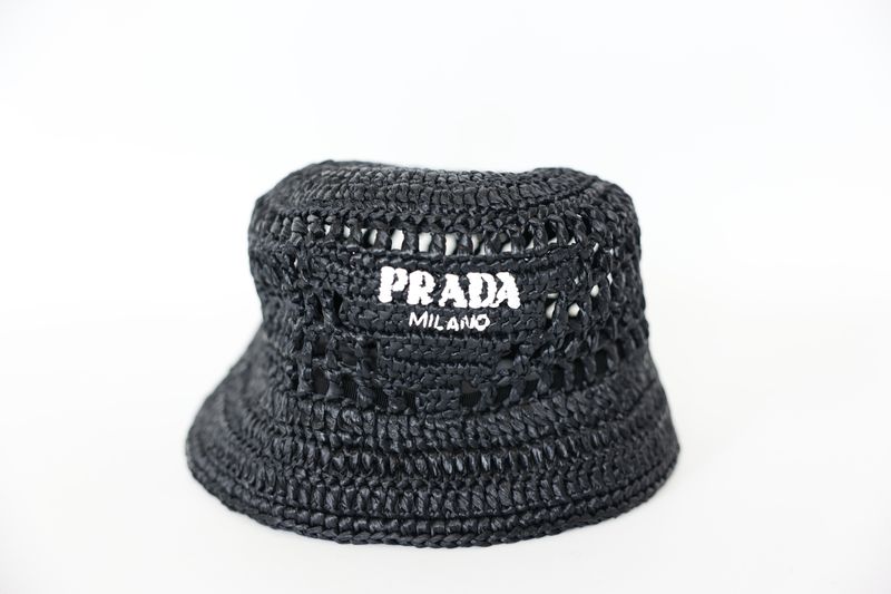 Prada Crochet Bucket Hat, Black Raffia Effect, Size M, Preowned No Dustbag WA001