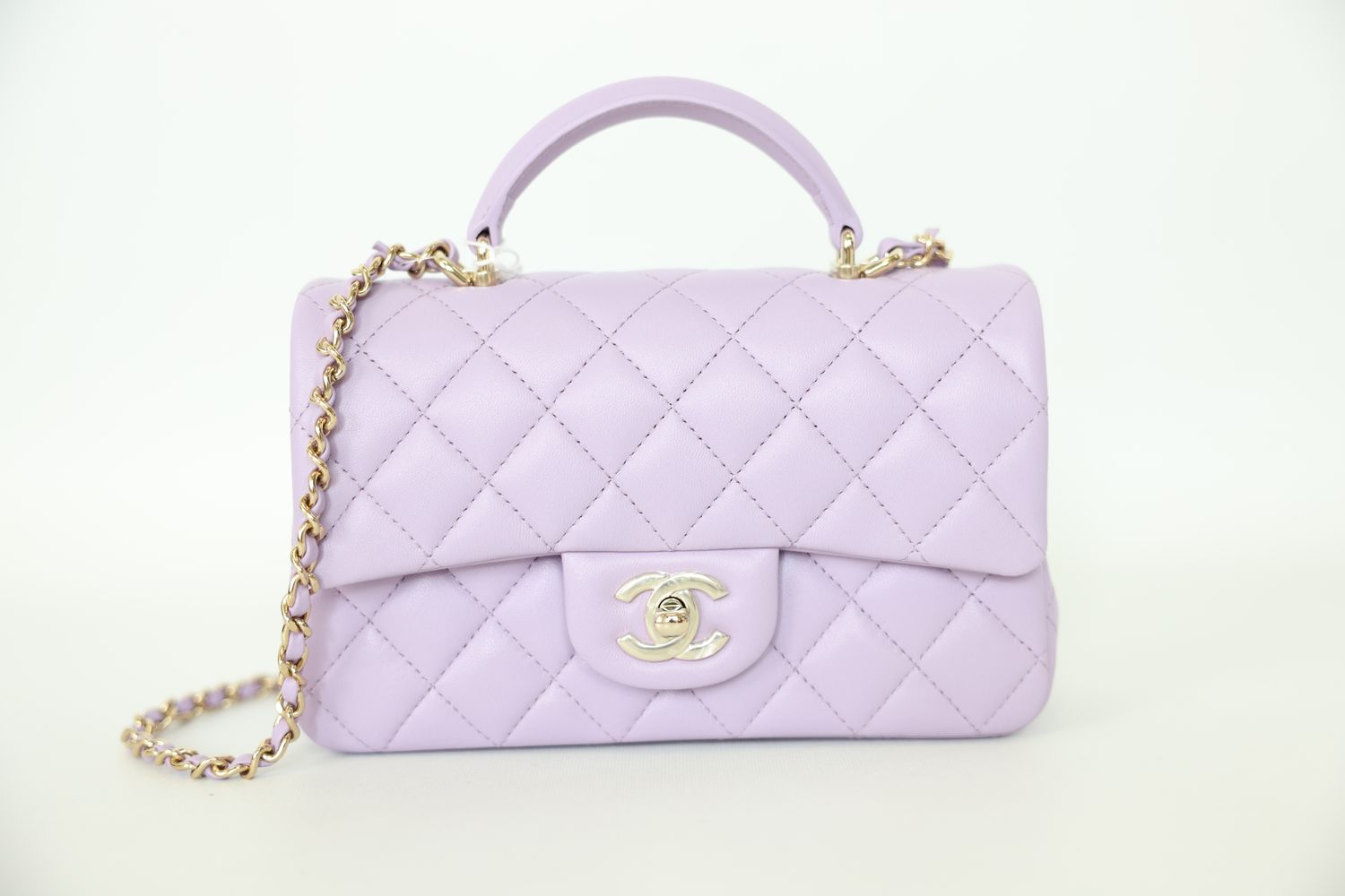 Chanel Top Handle 24P Mini Top Handle Flap Bag, Lilac Quilted Lambskin with Gold Hardware, New in Box WA001