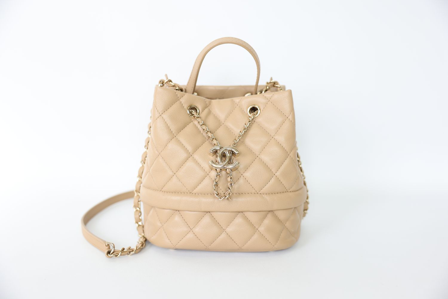 Chanel Rolled Up Bucket Bag, 19B Beige Quilted Caviar with Gold Hardware, Preowned No Dustbag WA001