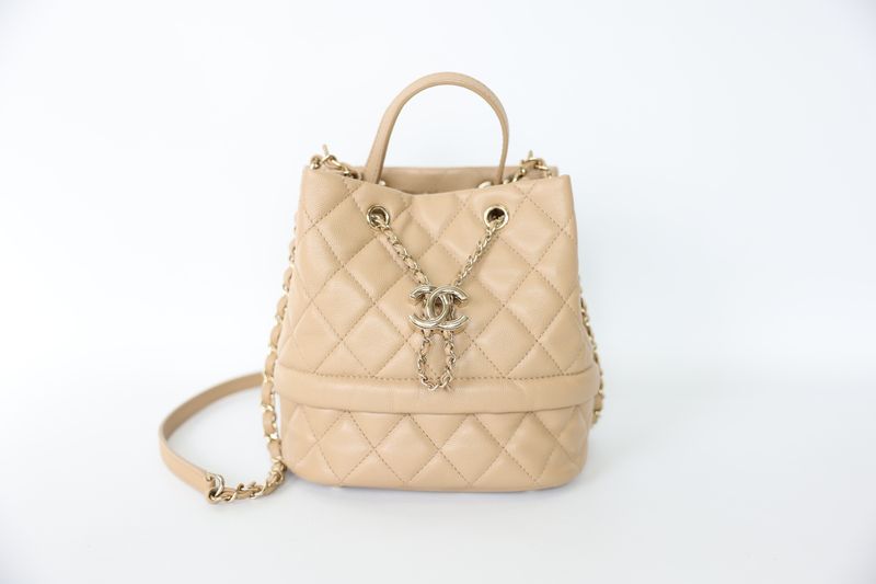 Chanel Rolled Up Bucket Bag, 19B Beige Quilted Caviar with Gold Hardware, Preowned No Dustbag WA001