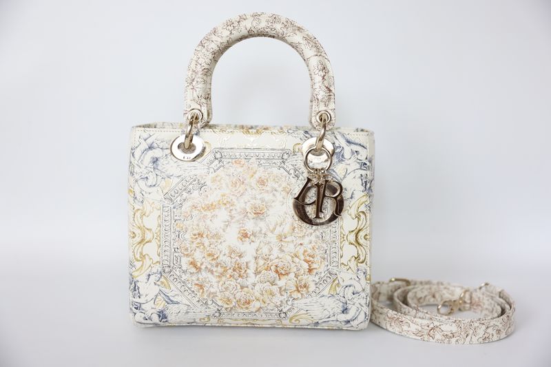 Christian Dior Lady Dior Art Medium Bag, White Leather with Multicolor Pattern and Gold Hardware, Preowned in Dustbag WA001