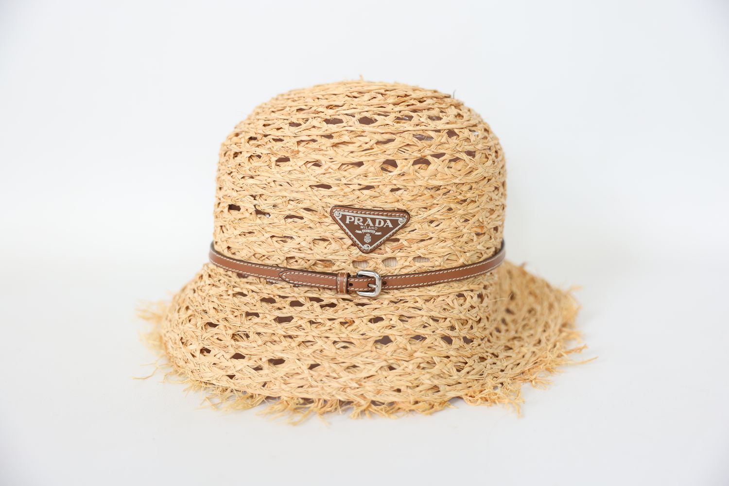 Prada Bucket Hat, Natural Raffia and Tan Leather, Size L, New No Dustbag WA001