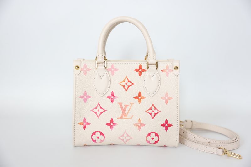 Louis Vuitton OnTheGo BB Bag, White with Pink Monogram Leather and Gold Hardware, Preowned in Dustbag WA001