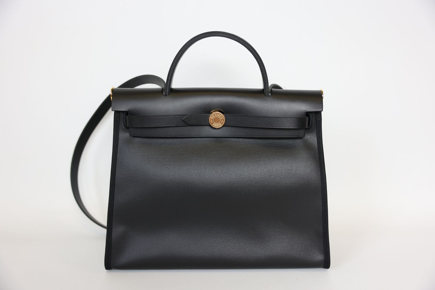 Hermes Herbag Zip 31, Black H Berline Canvas and Hunter Cowhide with Gold Hardware, New in Box WA001