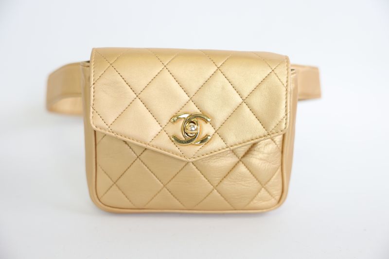 Chanel CC Envelope Belt Bag, Gold Quilted Lambskin with Gold Hardware, Preowned in Dustbag WA001