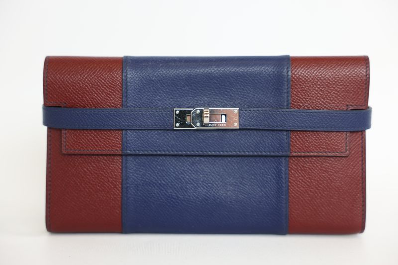 Hermes Kelly Wallet, Blue and Red Epsom with Palladium Hardware, Preowned No Dustbag WA001
