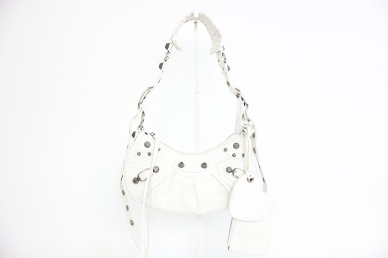Balenciaga Le Cagole Shoulder Bag XS, White Lambskin and Silver Hardware, Preowned No Dustbag WA001