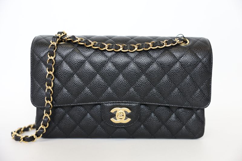 Chanel Classic Medium, Black Quilted Caviar with Gold Hardware, Preowned in Box WA001