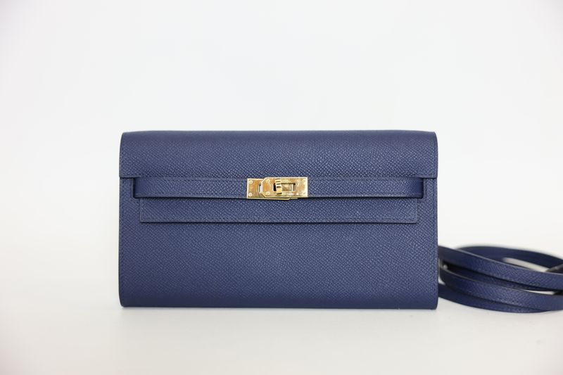 Hermes Kelly Classique To Go Wallet, Navy Blue Epsom Leather with Gold Hardware, W 2024 Stamp,  Preowned in Box WA001