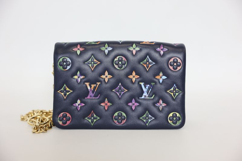 Louis Vuitton Pochette Coussin, Navy with Embossed Monogram Garden Lambskin and Gold Hardware, Preowned in Box WA001