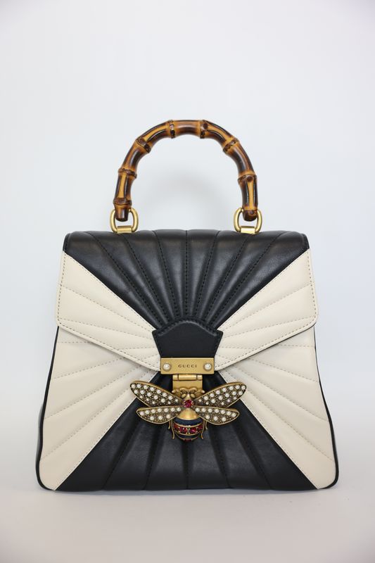 Gucci Queen Margaret Backpack, Black and White Leather with Bamboo and Gold Hardware, Preowned No Dustbag WA001