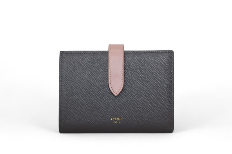 Celine Strap Wallet Medium, Grey Grained Calfskin with Gold Hardware, Preowned in Box WA001