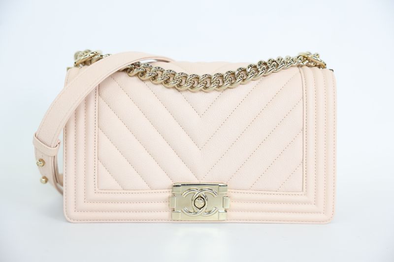 Chanel Boy Medium Bag, Light Beige Caviar and Gold Hardware, New in Box WA001