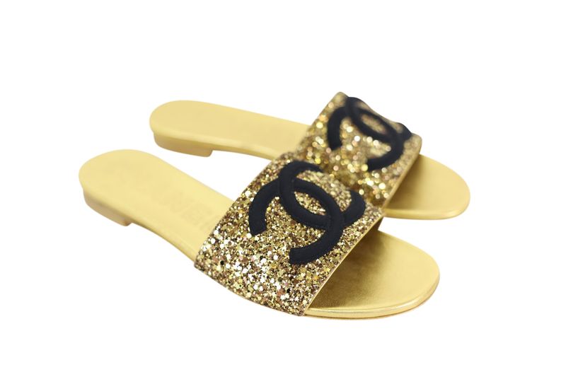 Chanel Shoes Slide Sandals Flat, Gold Glitter with Black CC, Size 38.5, preowned in Box WA001