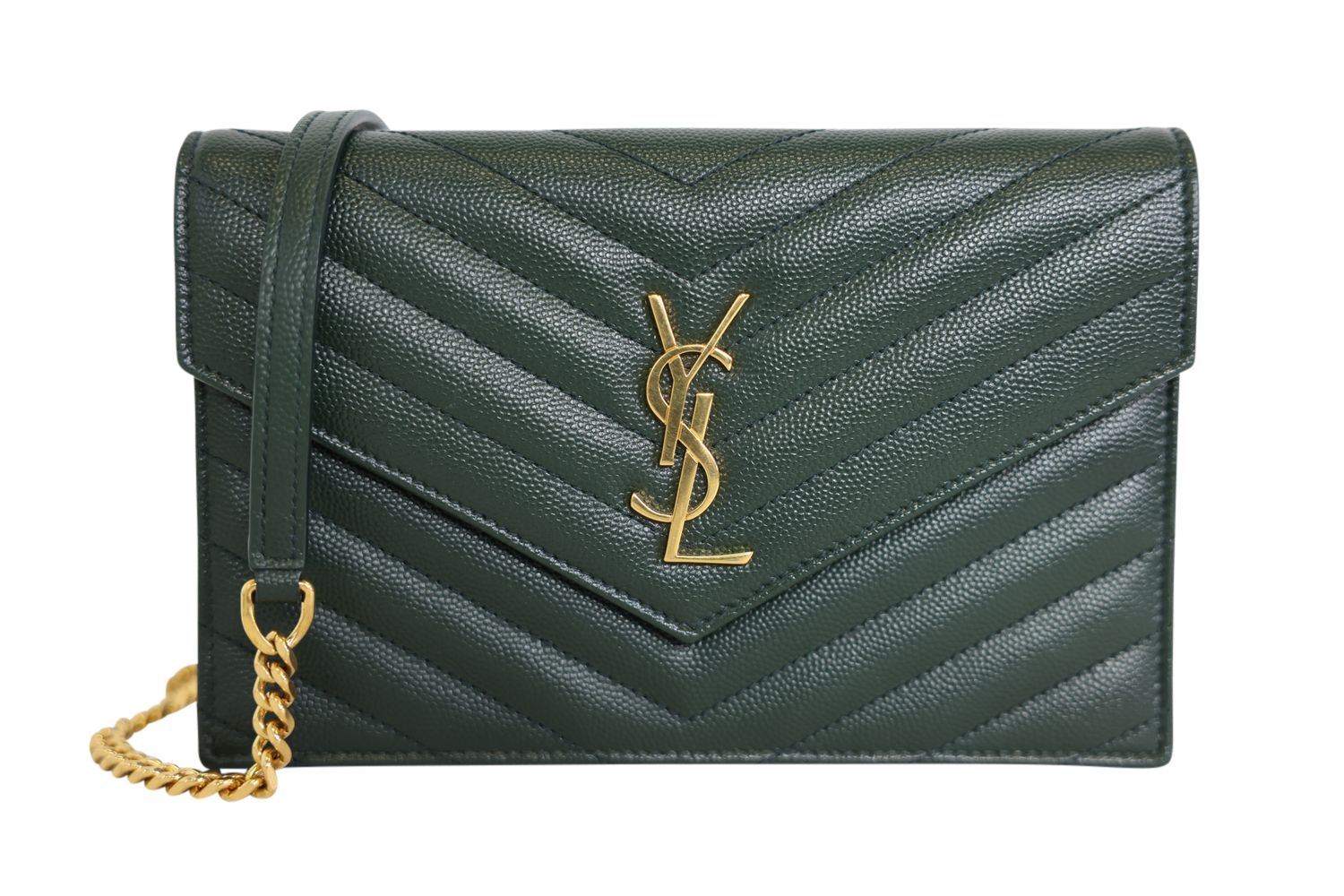 Saint Laurent Cassandre Chain Wallet, Green Grain de Poudre Leather and Gold Hardware, Preowned in Dustbag WA001