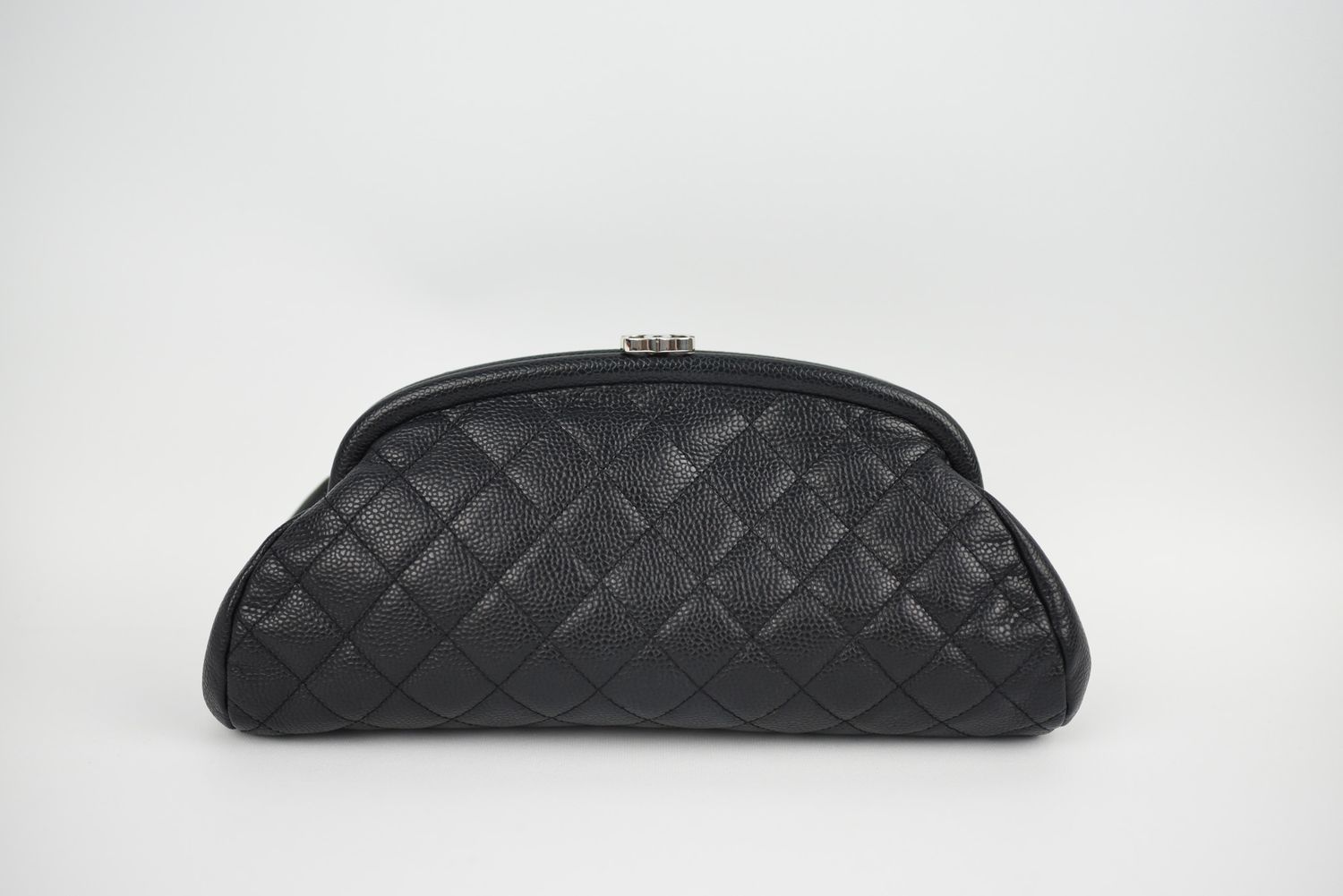 Chanel Timeless Clutch, Black Caviar Leather, Silver Hardware, Preowned in Dustbag GA001